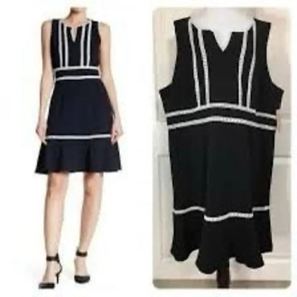 Nanette Lepore 6 Sleeveless Peplum Mini Dress Navy Blue White Lace Coastal Prep